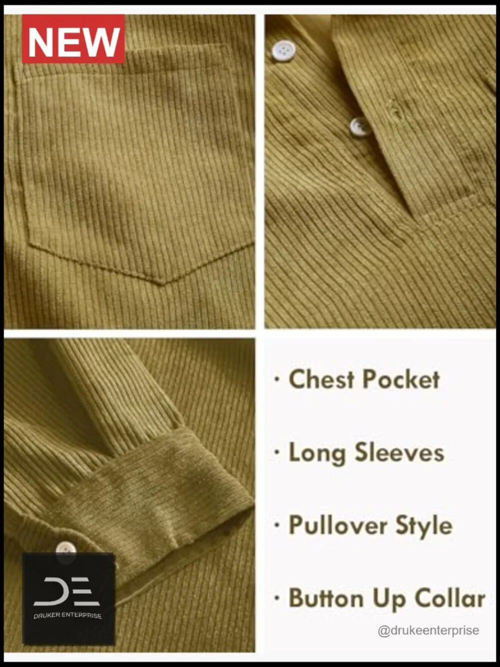 Corduroy Pullover Long Sleeve Polo Shirt with Pocket Button Up